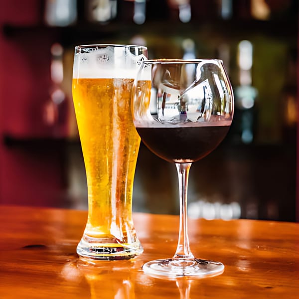 A tall glass of golden beer and a wine glass filled with red wine on a wooden bar.