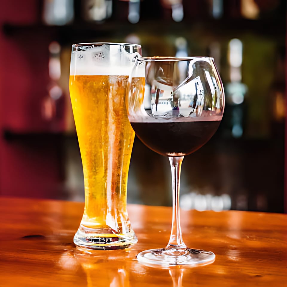 A tall glass of golden beer and a wine glass filled with red wine on a wooden bar.